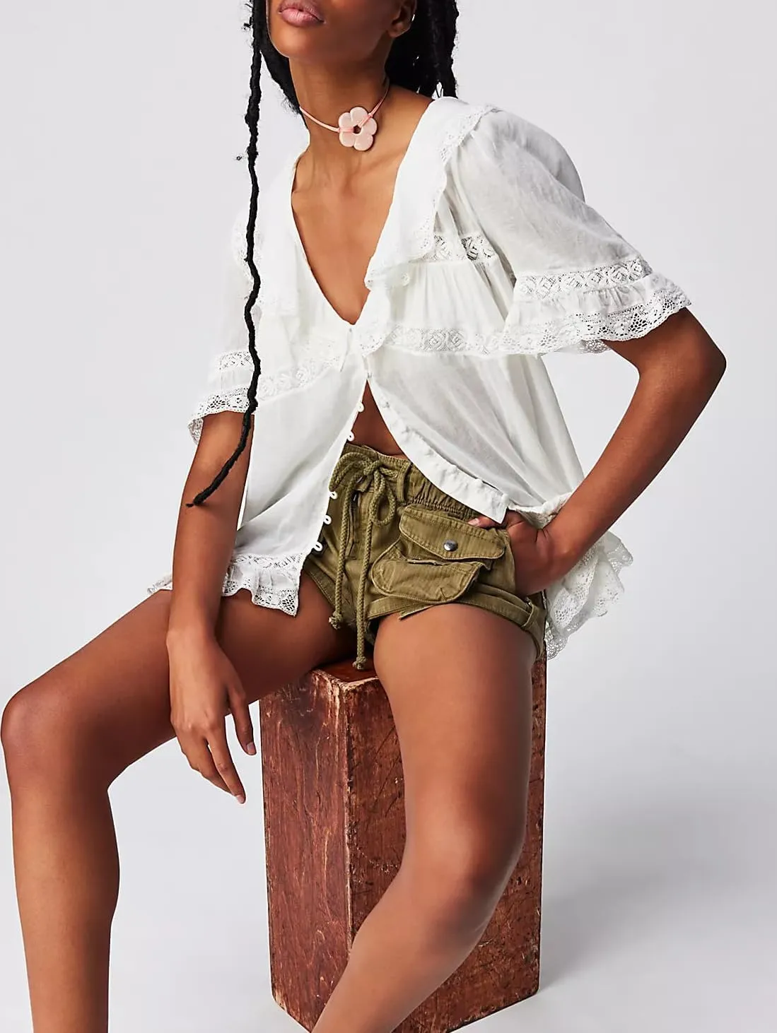 Womens Tie Front Ruffle Boho Tops Flowy Sheer Short Sleeve Lace Blouse Y2k Embroidered Babydoll Button Down Shirts