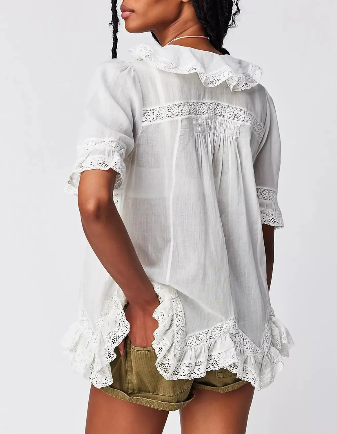 Womens Tie Front Ruffle Boho Tops Flowy Sheer Short Sleeve Lace Blouse Y2k Embroidered Babydoll Button Down Shirts