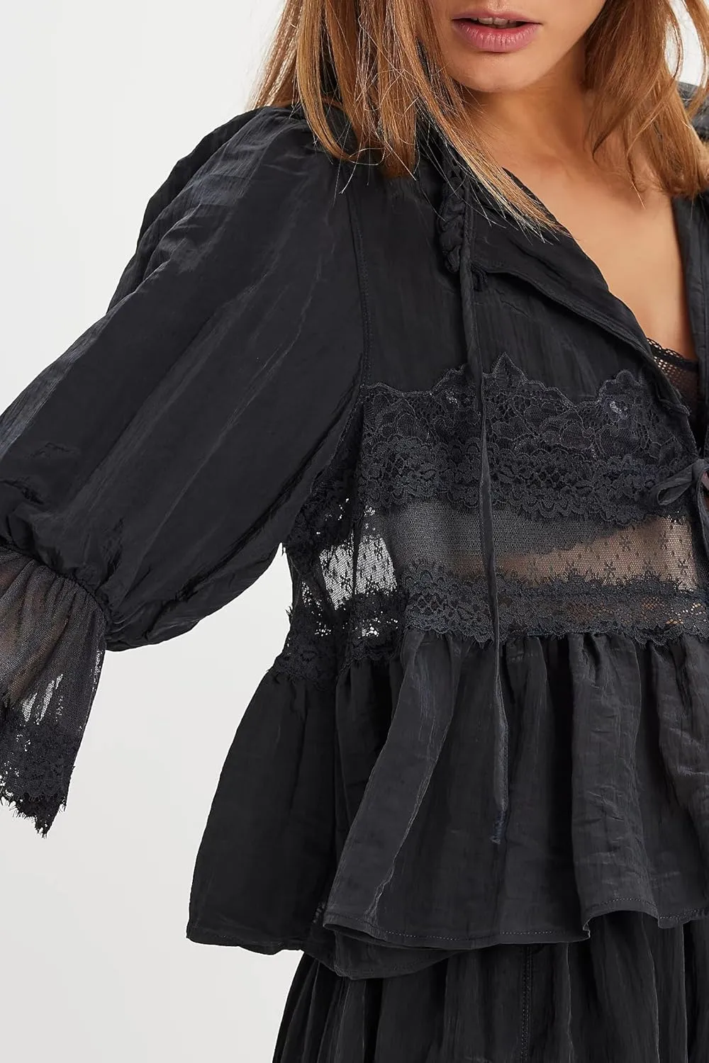 Womens Tie Front Ruffle Boho Tops Flowy Sheer Short Sleeve Lace Blouse Y2k Embroidered Babydoll Button Down Shirts