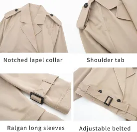 Women's Trench Coats Cropped Long Sleeve Classic Lapel Double Breasted Jacket Coat Outwear with Belt