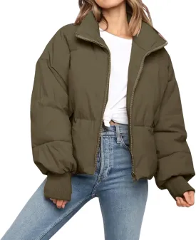 Womens Winter Cropped Puffer Jacket Coat Casual Quilted Baggy Long Sleeve Zip Down Jackets Outerwear
