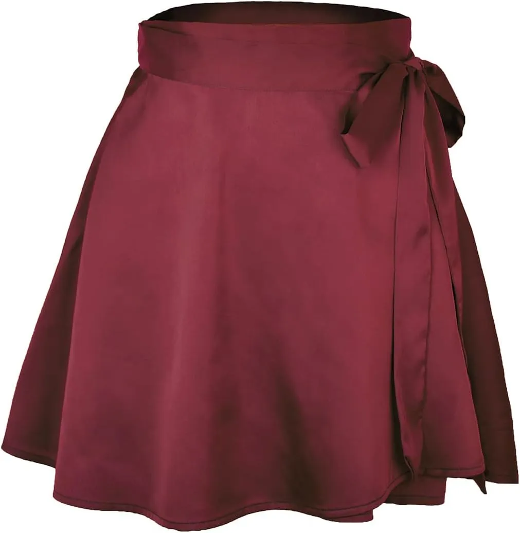 Womens Wrap Mini Skirts Casual High Waist Self Tie Knot Silk Satin Short Skater Skirt