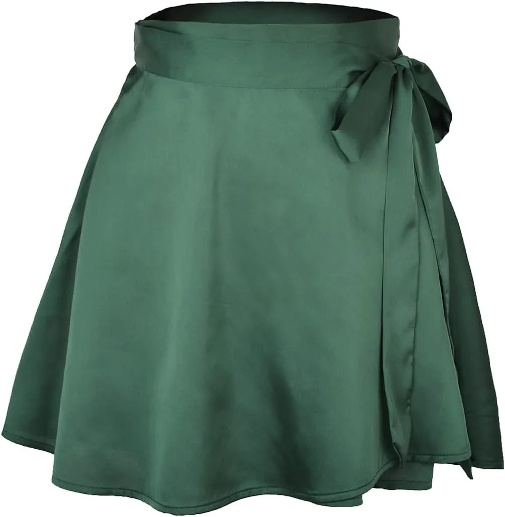 Womens Wrap Mini Skirts Casual High Waist Self Tie Knot Silk Satin Short Skater Skirt