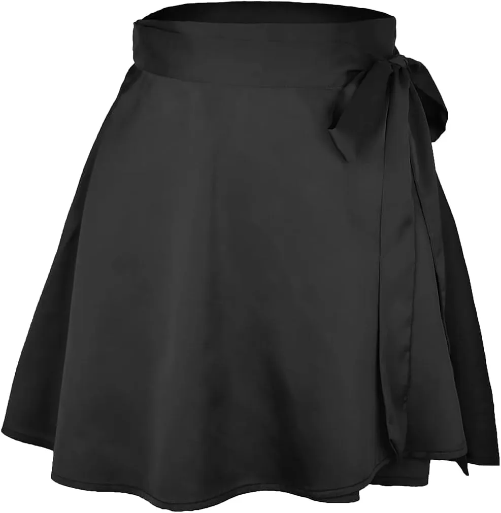 Womens Wrap Mini Skirts Casual High Waist Self Tie Knot Silk Satin Short Skater Skirt