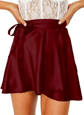 Womens Wrap Mini Skirts Casual High Waist Self Tie Knot Silk Satin Short Skater Skirt