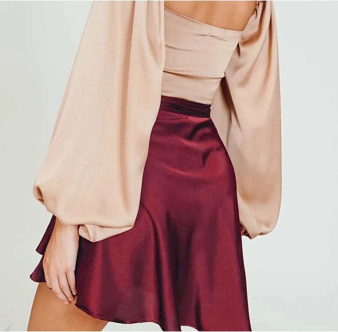 Womens Wrap Mini Skirts Casual High Waist Self Tie Knot Silk Satin Short Skater Skirt