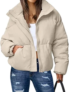 Yimoon Women's Cropped Puffer Jackets Casual Padded Jacket Long Sleeve Full Zip Stand Collar Winter Coat