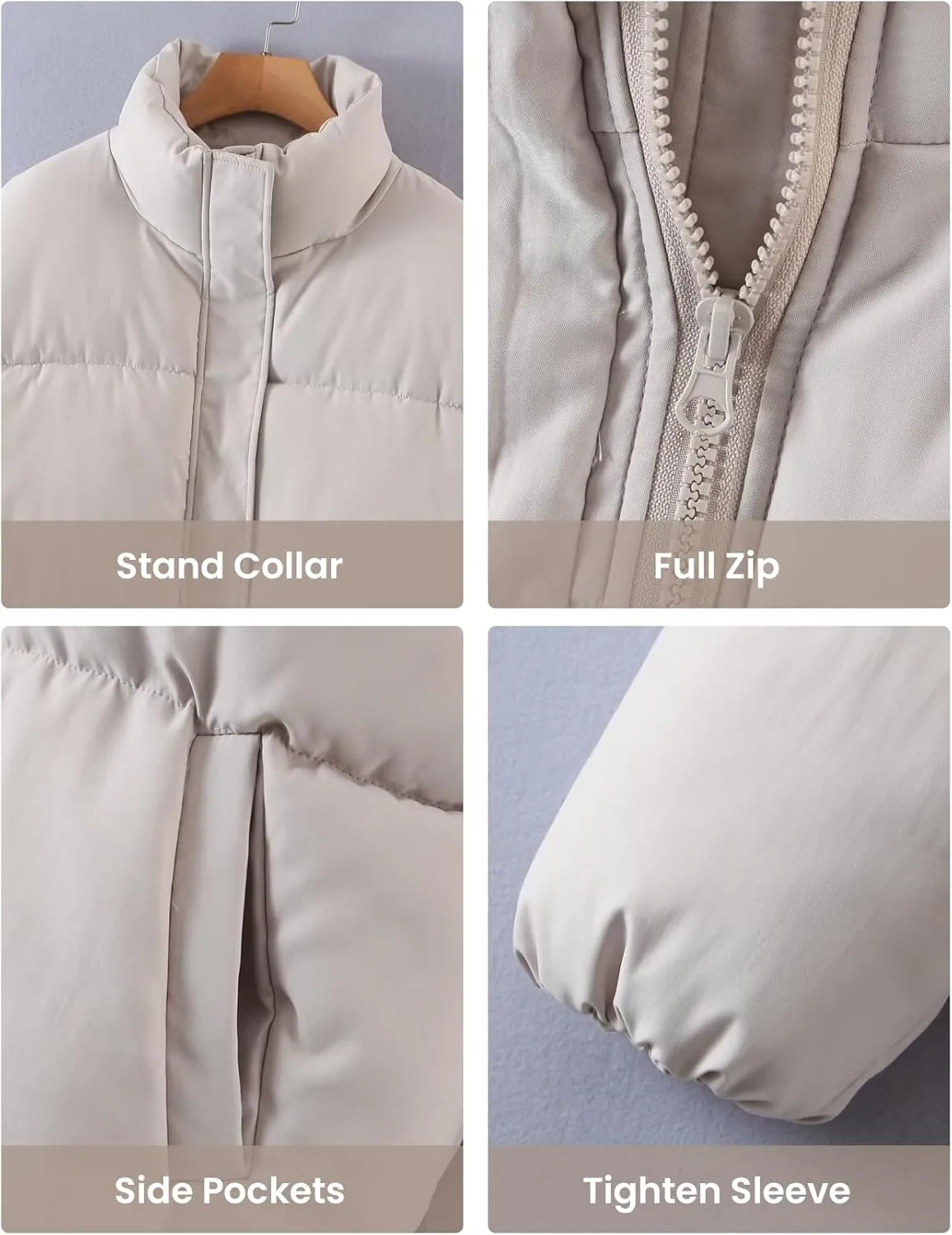 Yimoon Women's Cropped Puffer Jackets Casual Padded Jacket Long Sleeve Full Zip Stand Collar Winter Coat
