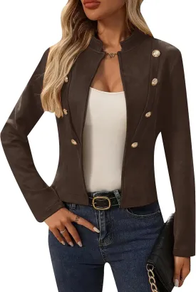 YMING Womens Faux Suede Double Breasted Coats Fall Long Sleeve Jackets Vintage Solid Color Moto Coats