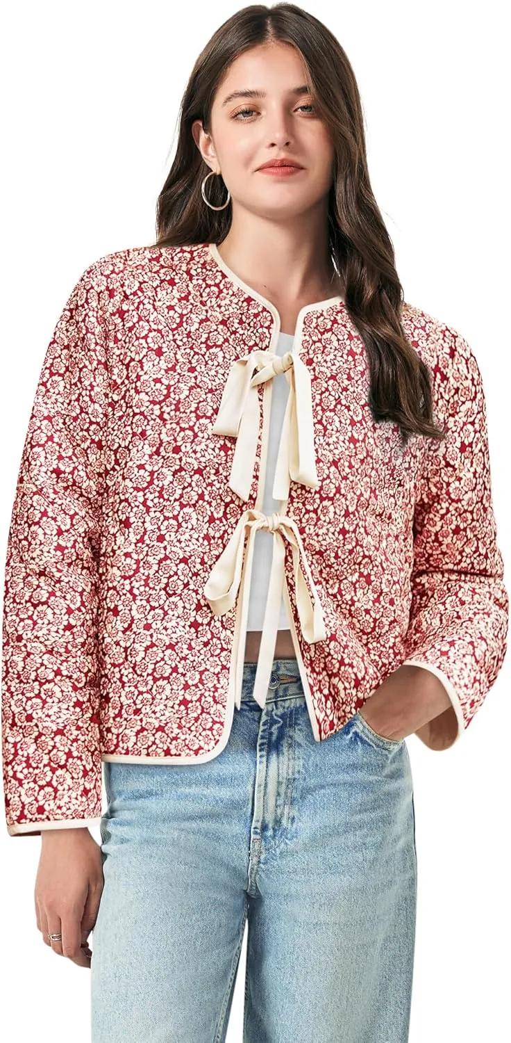 Yousify Womens Cropped Puffer Jackets Floral Print Tie Open Front Lightweight Quilted Jacket Winter Coats Outerwear