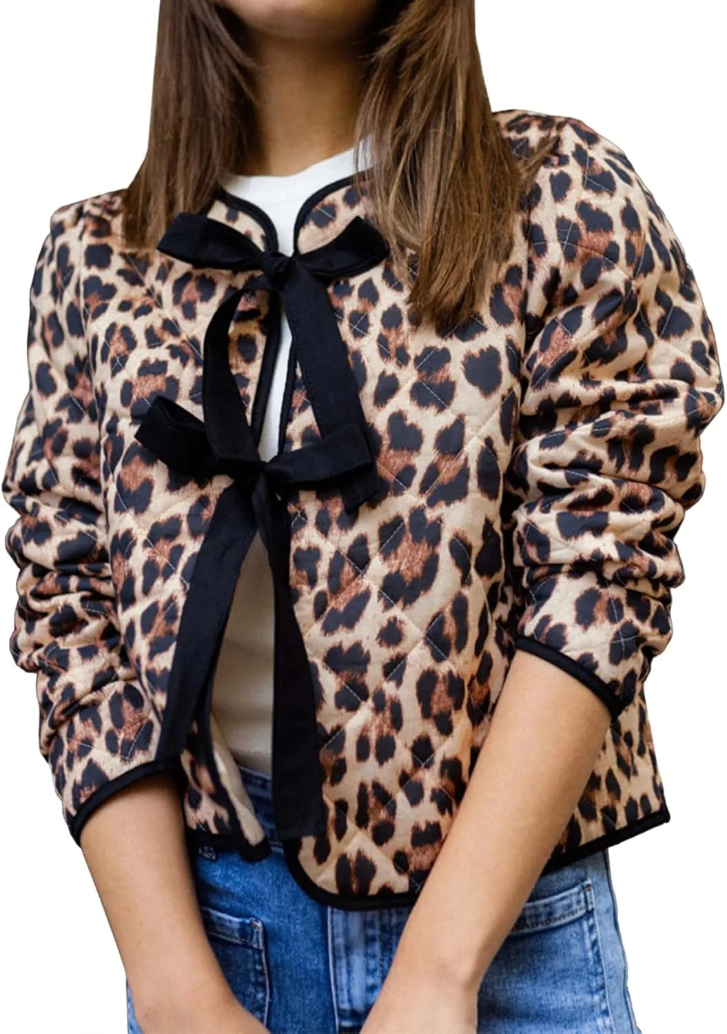 Yousify Womens Cropped Puffer Jackets Floral Print Tie Open Front Lightweight Quilted Jacket Winter Coats Outerwear