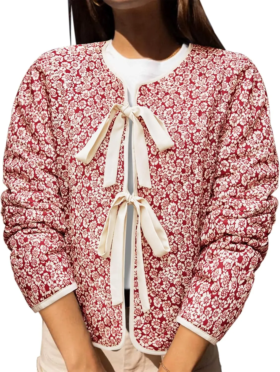 Yousify Womens Cropped Puffer Jackets Floral Print Tie Open Front Lightweight Quilted Jacket Winter Coats Outerwear