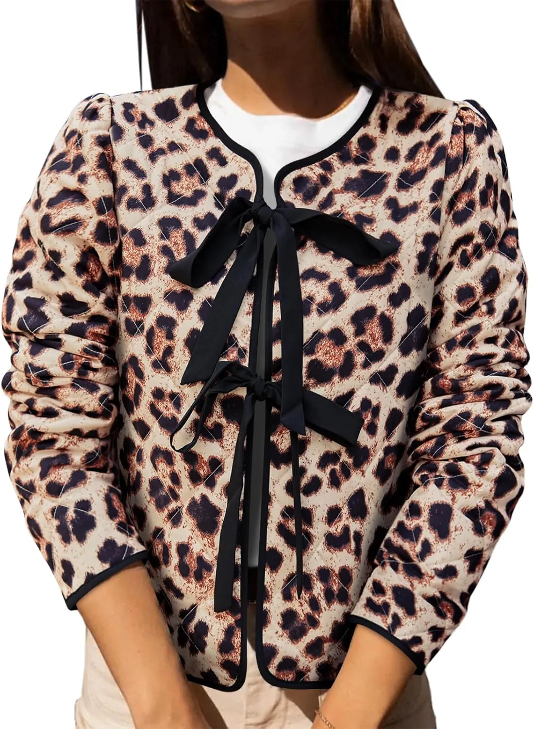 Yousify Womens Cropped Puffer Jackets Floral Print Tie Open Front Lightweight Quilted Jacket Winter Coats Outerwear