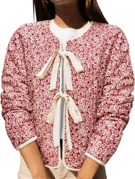 Yousify Womens Cropped Puffer Jackets Floral Print Tie Open Front Lightweight Quilted Jacket Winter Coats Outerwear