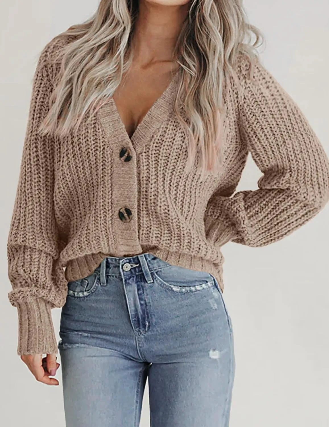 Zeagoo Women's 2025 Fall Chunky Knit Cardigans Open Front Long Sleeve V Neck Button Loose Cardigan Sweaters