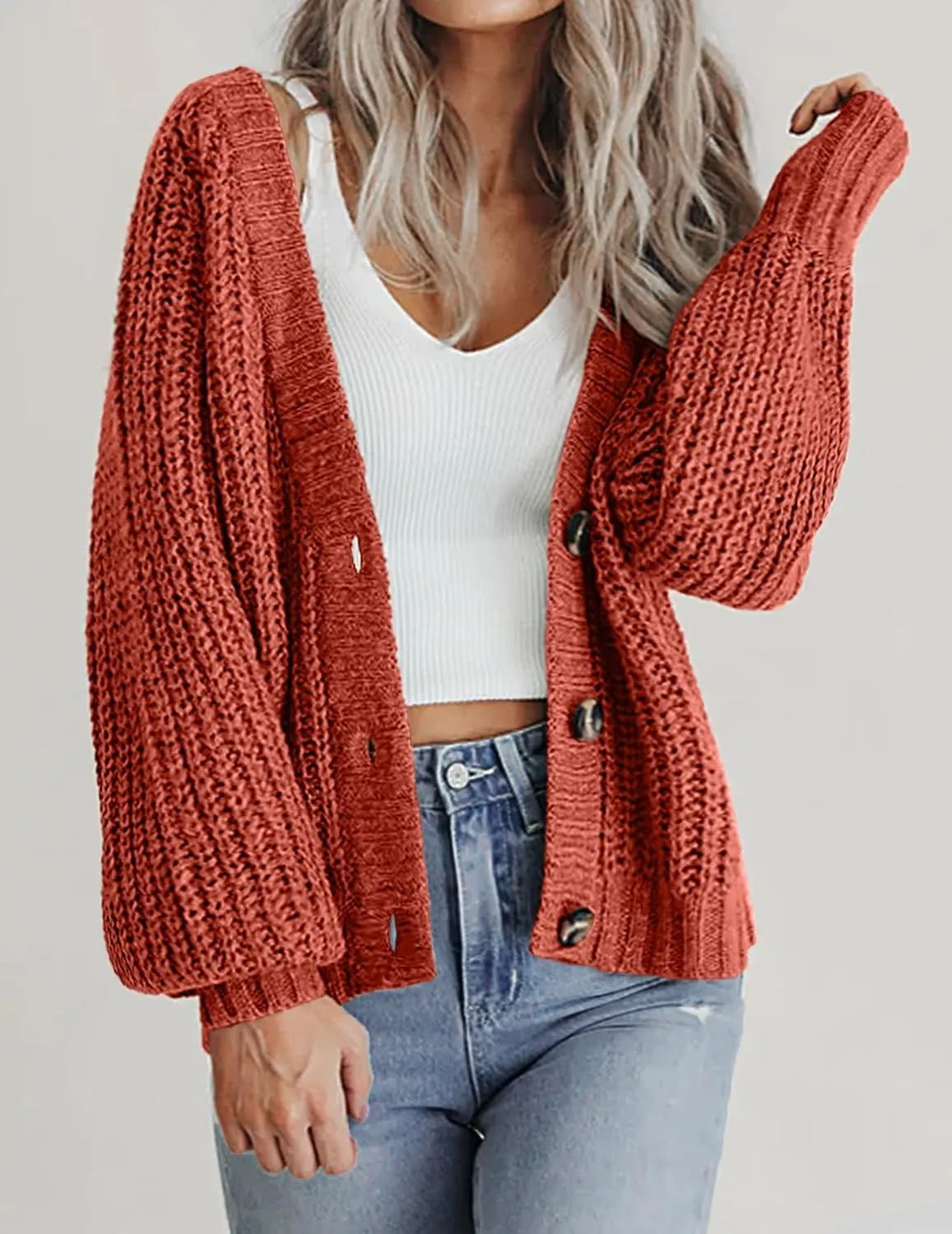 Zeagoo Women's 2025 Fall Chunky Knit Cardigans Open Front Long Sleeve V Neck Button Loose Cardigan Sweaters