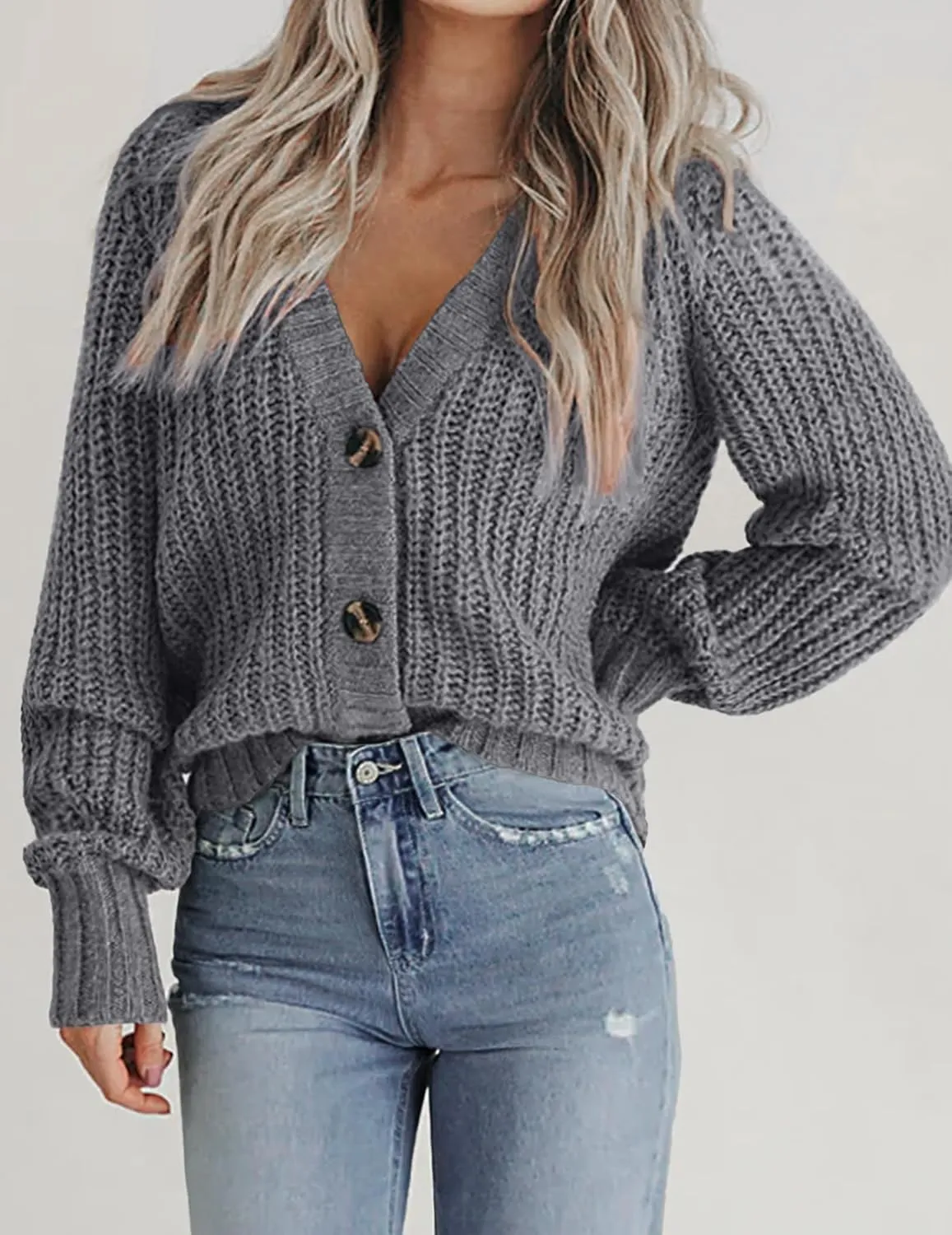 Zeagoo Women's 2025 Fall Chunky Knit Cardigans Open Front Long Sleeve V Neck Button Loose Cardigan Sweaters