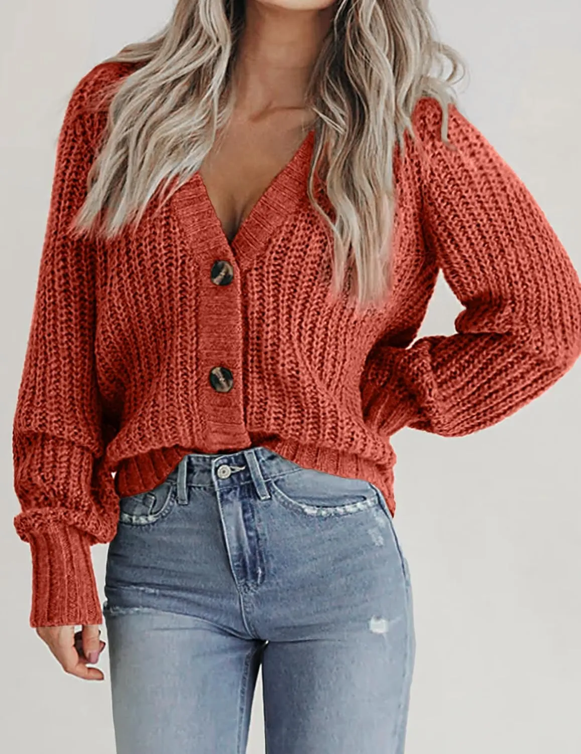 Zeagoo Women's 2025 Fall Chunky Knit Cardigans Open Front Long Sleeve V Neck Button Loose Cardigan Sweaters