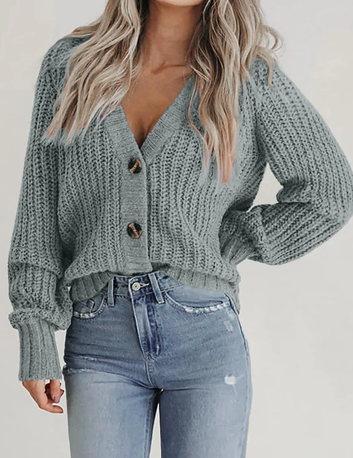 Zeagoo Women's 2025 Fall Chunky Knit Cardigans Open Front Long Sleeve V Neck Button Loose Cardigan Sweaters
