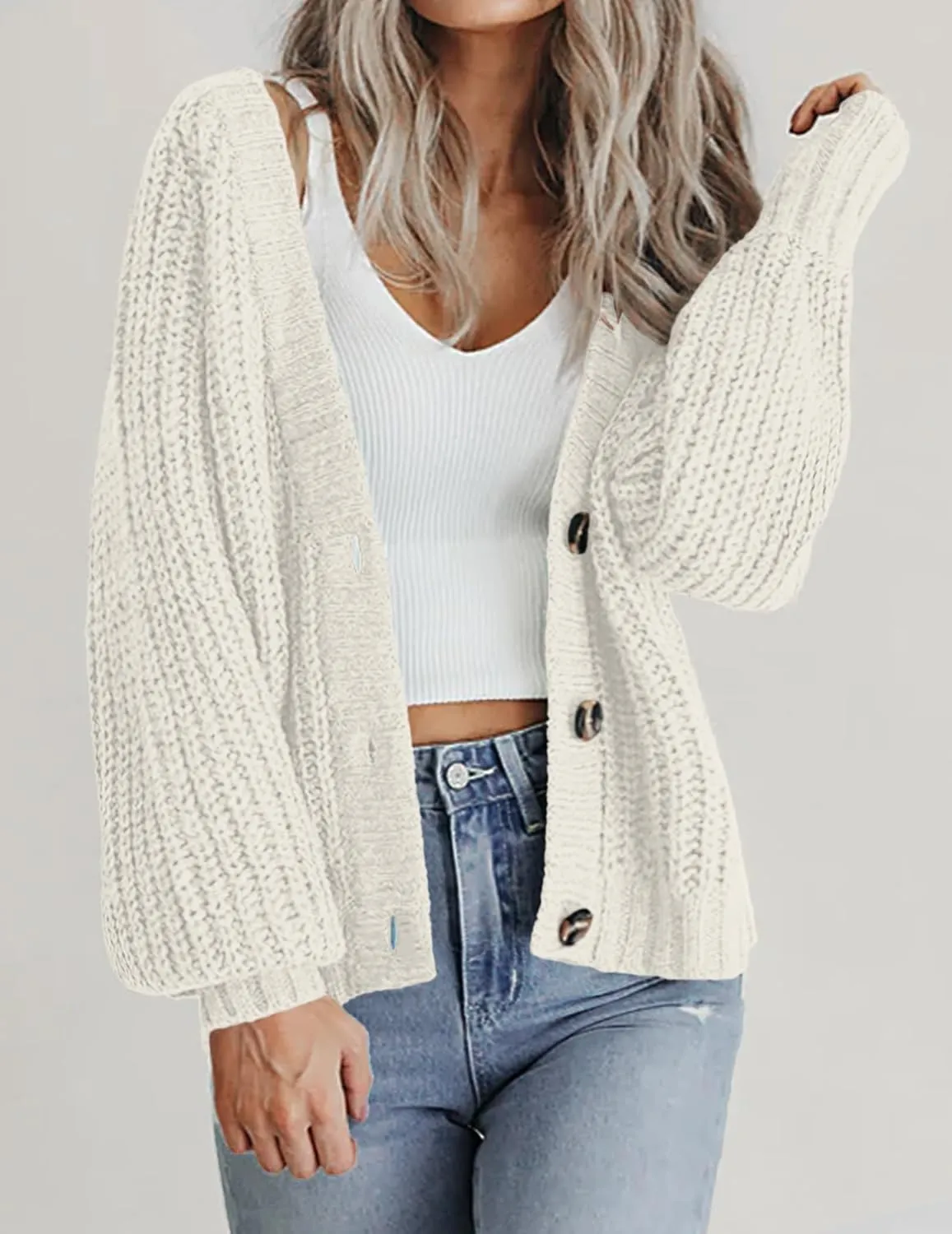 Zeagoo Women's 2025 Fall Chunky Knit Cardigans Open Front Long Sleeve V Neck Button Loose Cardigan Sweaters