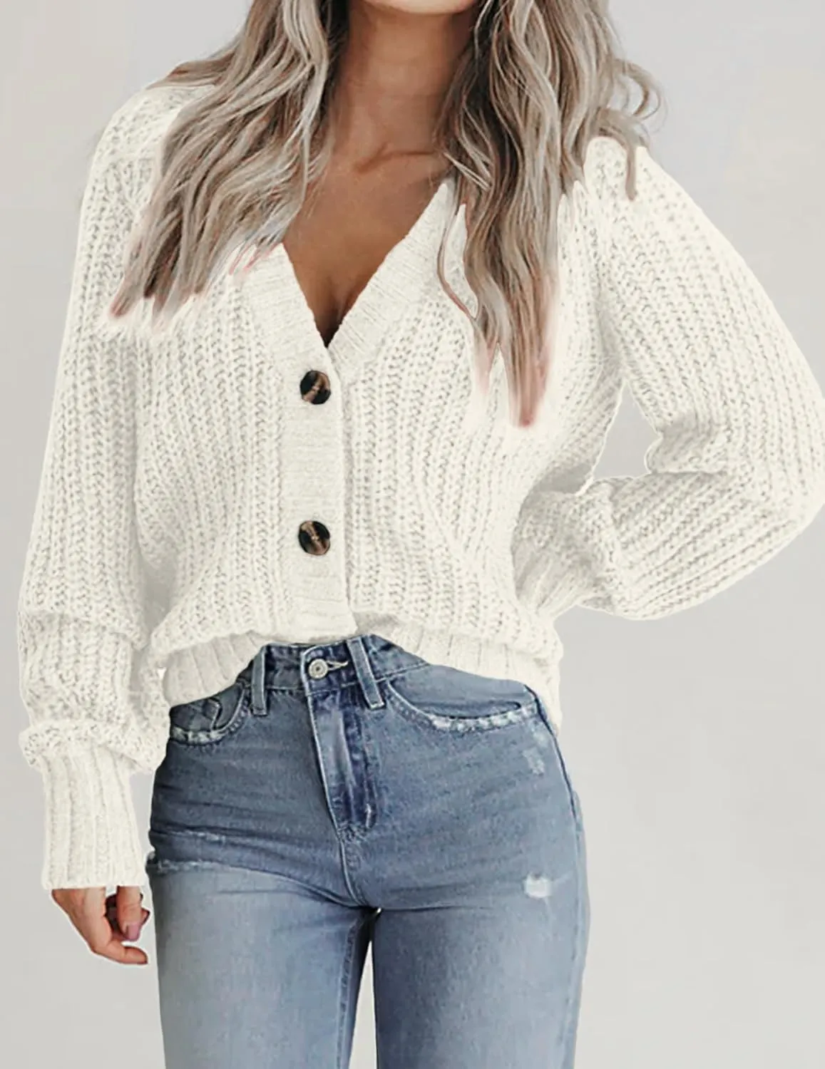 Zeagoo Women's 2025 Fall Chunky Knit Cardigans Open Front Long Sleeve V Neck Button Loose Cardigan Sweaters