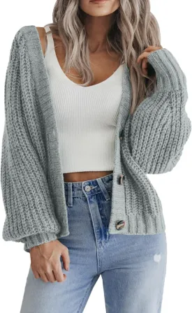 Zeagoo Women's 2025 Fall Chunky Knit Cardigans Open Front Long Sleeve V Neck Button Loose Cardigan Sweaters
