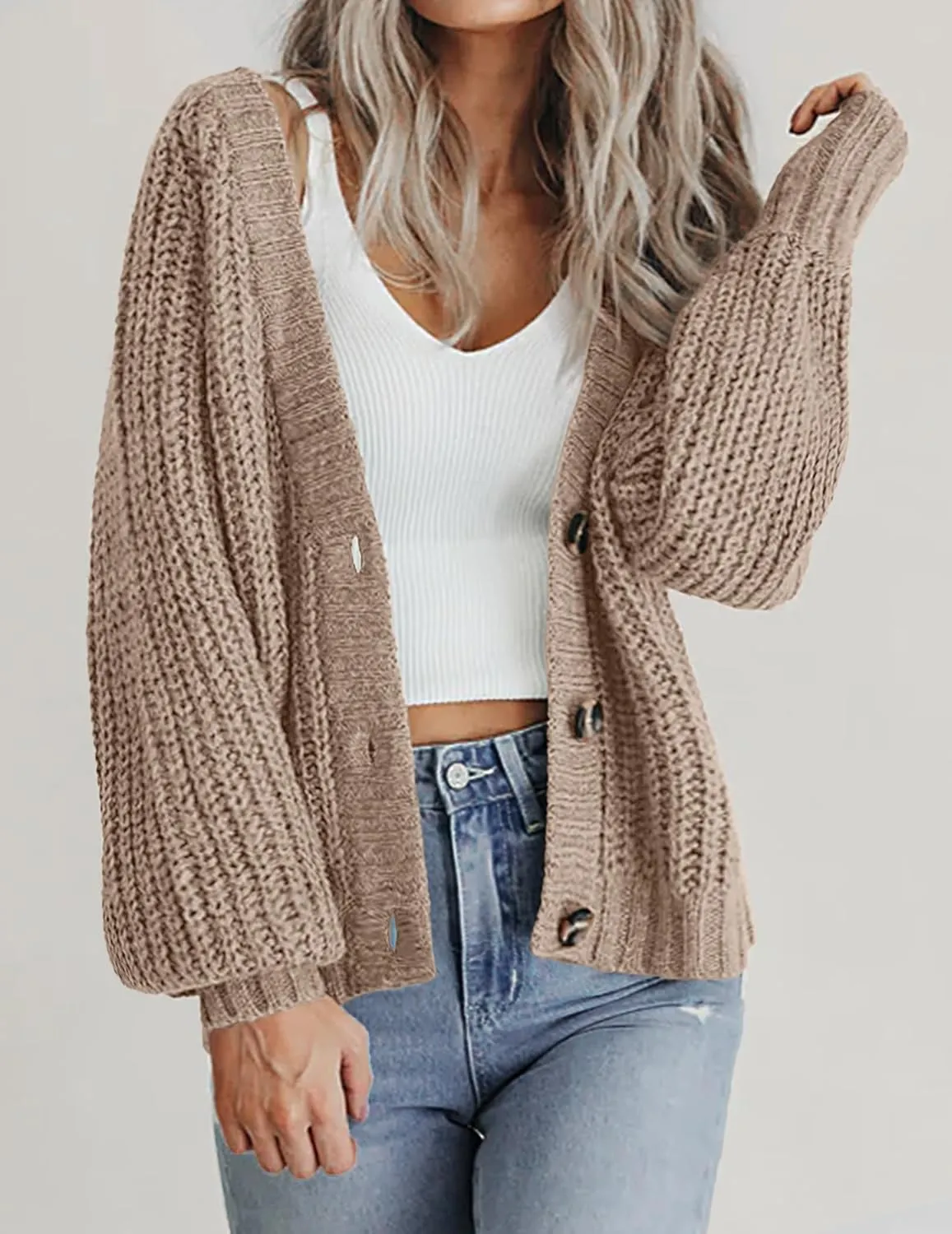 Zeagoo Women's 2025 Fall Chunky Knit Cardigans Open Front Long Sleeve V Neck Button Loose Cardigan Sweaters