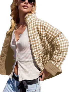 Zontroldy Women's Vintage Plaid Floral Print Cropped Puffer Quilted Jacket Lightweight Diamond Padded Coats