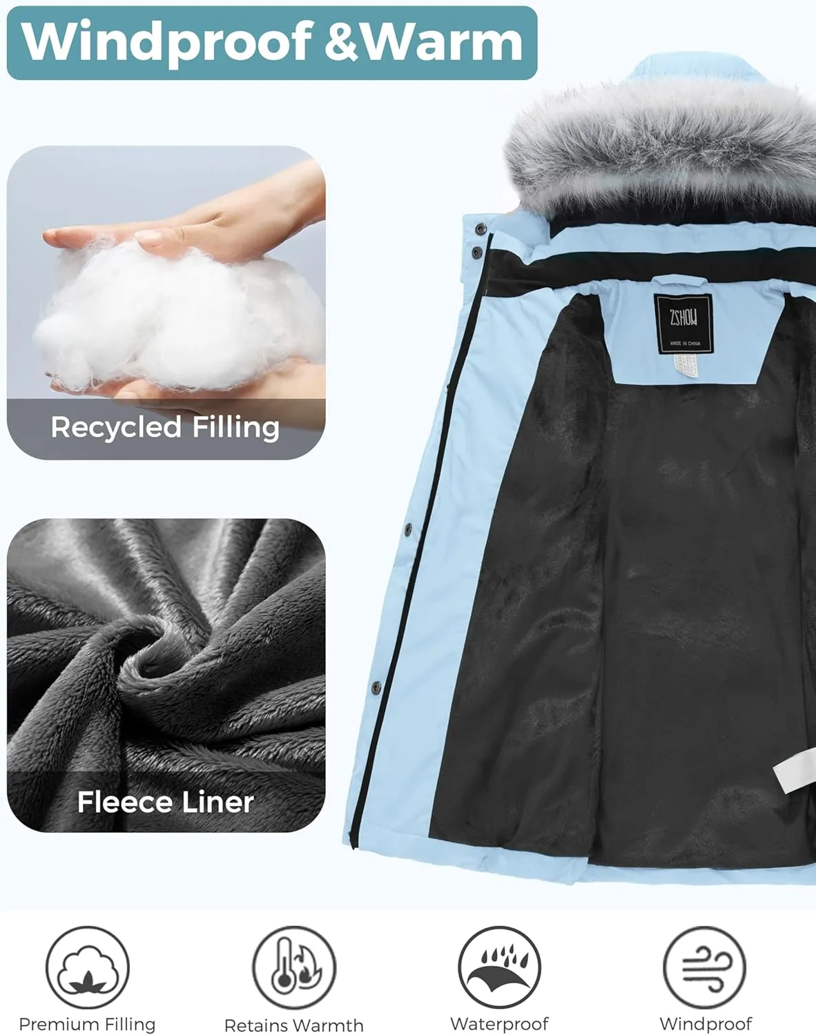 ZSHOW Girls' Winter Coat Long Hooded Parka Soft Fleece Puffer Jacket with Removable Hood