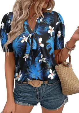 ZXZY Women Hawaiian Print Puff Short-Sleeve Bow Tie V Neck Dressy Tops T-Shirt Blouse
