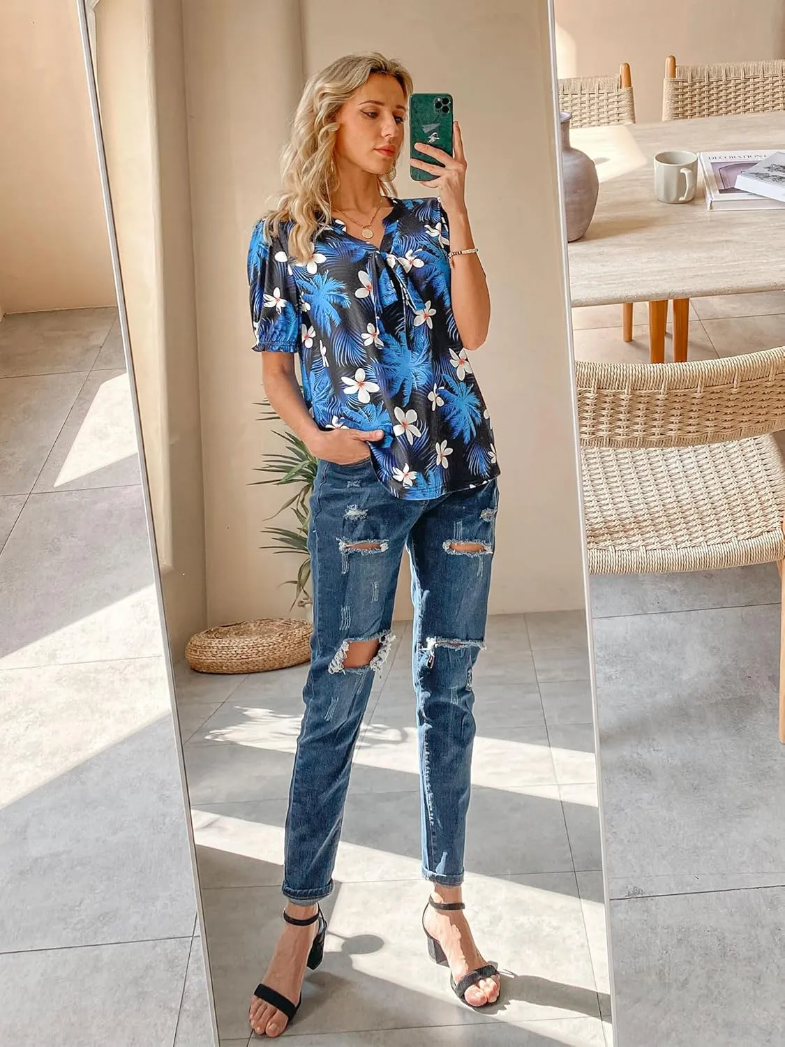 ZXZY Women Hawaiian Print Puff Short-Sleeve Bow Tie V Neck Dressy Tops T-Shirt Blouse